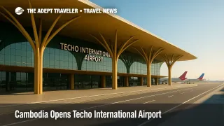 Techo International Airport terminal in Phnom Penh with structural tree columns and arrivals lanes, showcasing the new hub for Cambodia aviation.