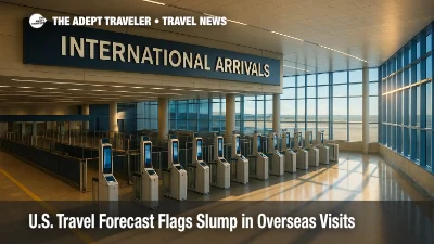 A modern U.S. international arrivals hall with e-gates and wayfinding, illustrating the U.S. travel forecast and the need to streamline entry.