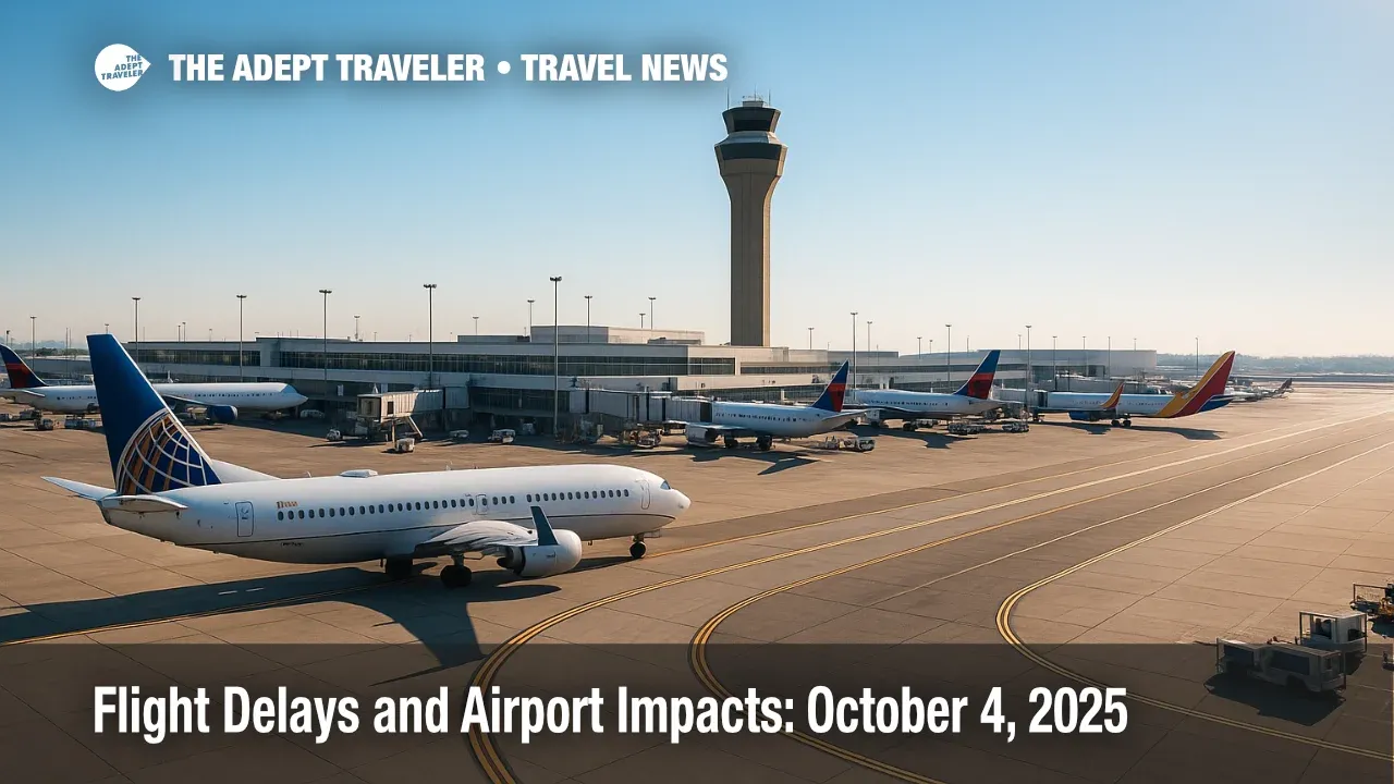 Busy U.S. airport ramp and control tower under clear skies, illustrating flight delays and airport impacts risks from weather and operations.