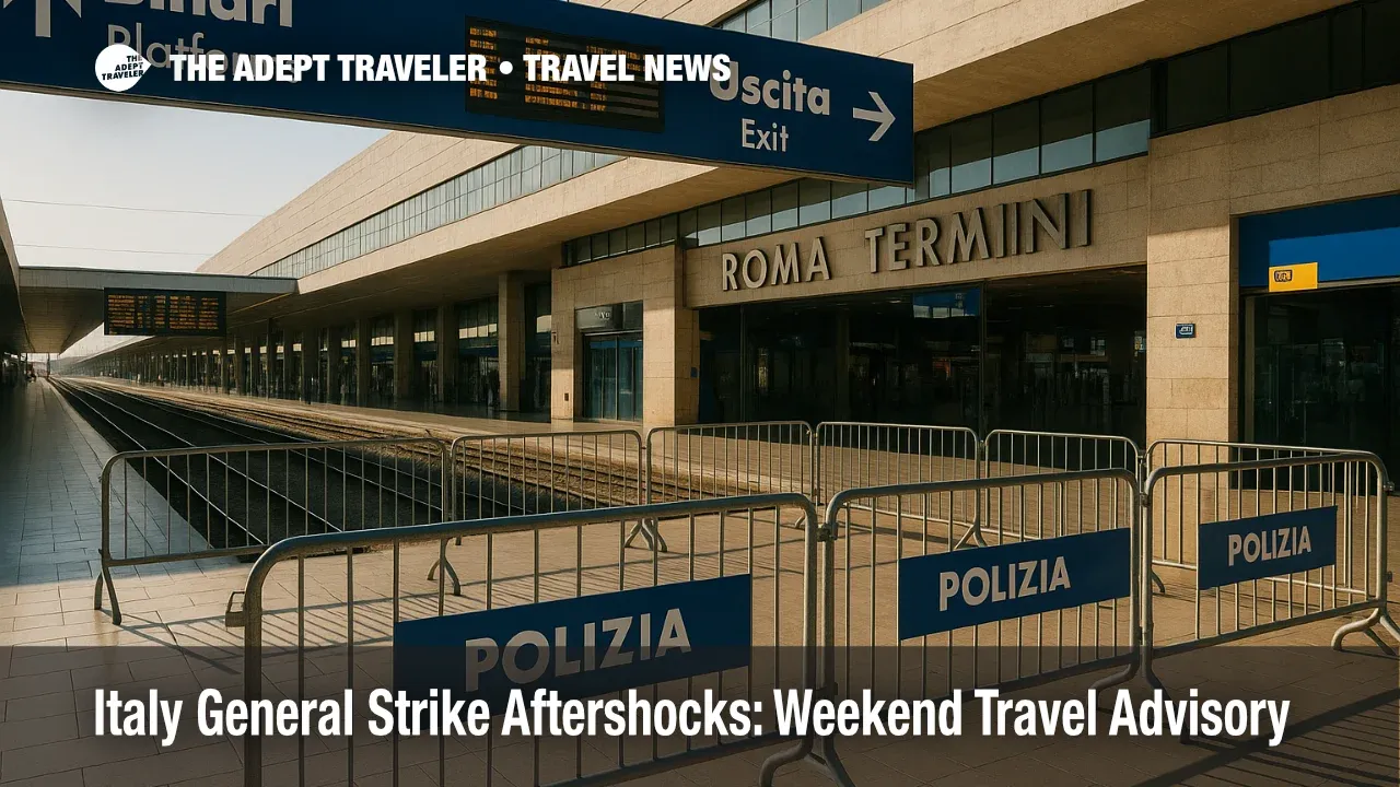Crowd-control barriers at Roma Termini during protest weekend, guiding travelers toward platforms amid Italy general strike aftershocks.