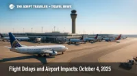Busy U.S. airport ramp and control tower under clear skies, illustrating flight delays and airport impacts risks from weather and operations.