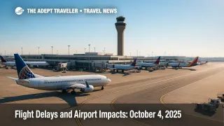 Busy U.S. airport ramp and control tower under clear skies, illustrating flight delays and airport impacts risks from weather and operations.