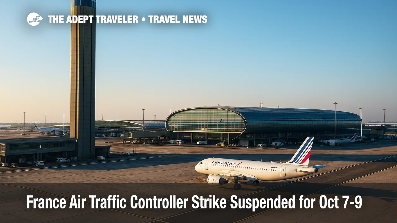 Paris Charles de Gaulle control tower with aircraft on the ramp as the France ATC strike suspension eases travel disruptions.