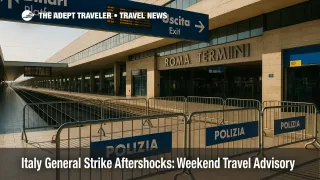 Crowd-control barriers at Roma Termini during protest weekend, guiding travelers toward platforms amid Italy general strike aftershocks.