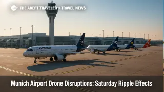 Munich Airport ramp scene with control tower and narrow-body jets as operations recover after drone shutdown, highlighting Munich Airport drone disruptions.