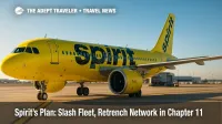 A Spirit Airlines A320neo parked at a gate, illustrating Chapter 11 restructuring and the carrier's fleet reduction plan.