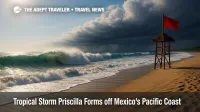 Powerful shore break and dark storm bands along Mexico's Pacific coast as Tropical Storm Priscilla raises surf and rip-current risk.