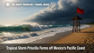 Powerful shore break and dark storm bands along Mexico's Pacific coast as Tropical Storm Priscilla raises surf and rip-current risk.