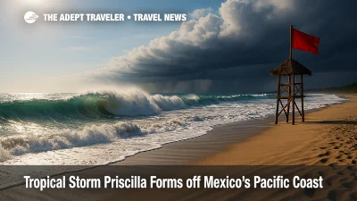 Powerful shore break and dark storm bands along Mexico's Pacific coast as Tropical Storm Priscilla raises surf and rip-current risk.