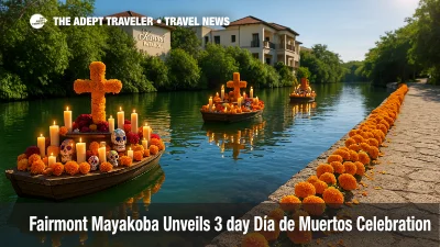 Illuminated canal at Fairmont Mayakoba with marigold ofrendas and candles reflecting on water during a Riviera Maya Día de Muertos celebration.