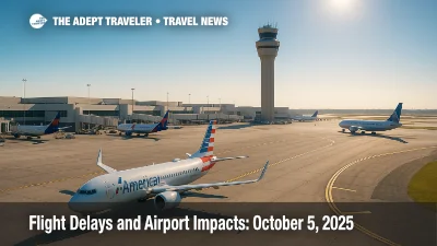 A busy U.S. airport ramp under blue skies, showing jets taxiing near a control tower as flight delays and weather impacts build.