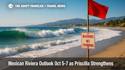 Large south-swell waves and a red-flag lifeguard post on the Mexican Riviera, illustrating beach hazards in this Mexican Riviera outlook.