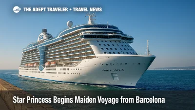 Star Princess departs Barcelona on her maiden voyage, Sphere Class flagship gliding past the breakwater under clear skies in the Western Mediterranean.
