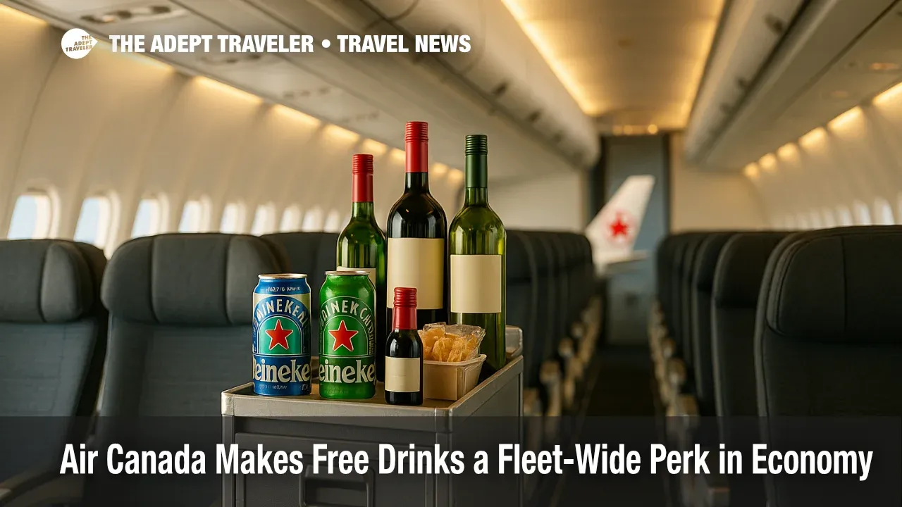 Air Canada flight attendant cart in economy with beer, wine, and Heineken 0.0, illustrating the airline's new Air Canada free drinks service.