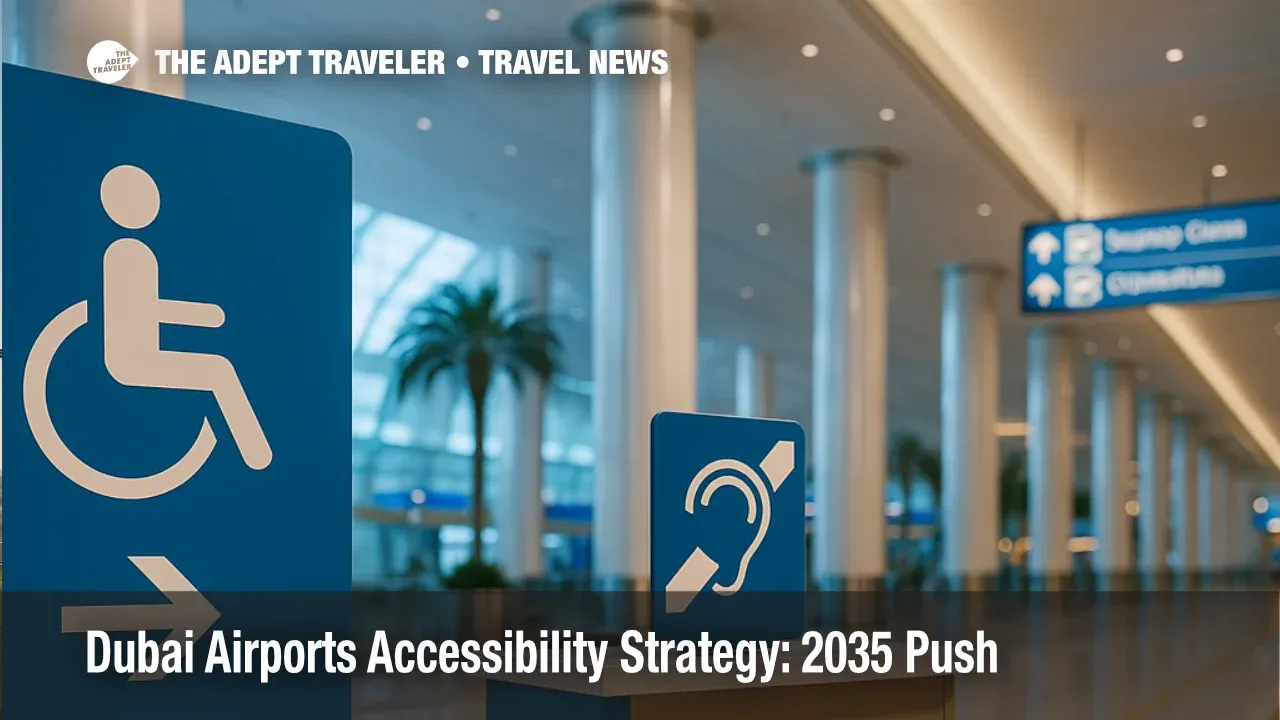 Accessible wayfinding with hearing-loop signage at DXB illustrates Dubai Airports' accessibility strategy and inclusive travel services.