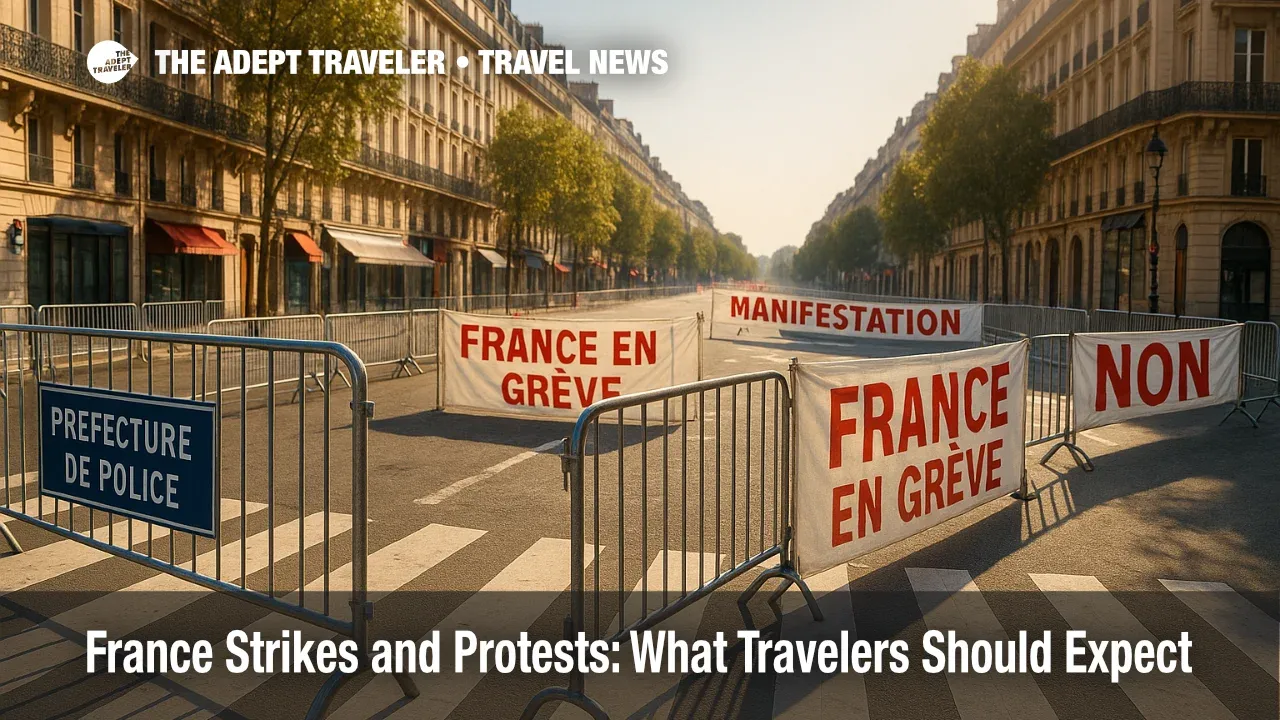 Police barriers and march banners on a central Paris street during France strikes and protests, suggesting possible travel delays and detours.