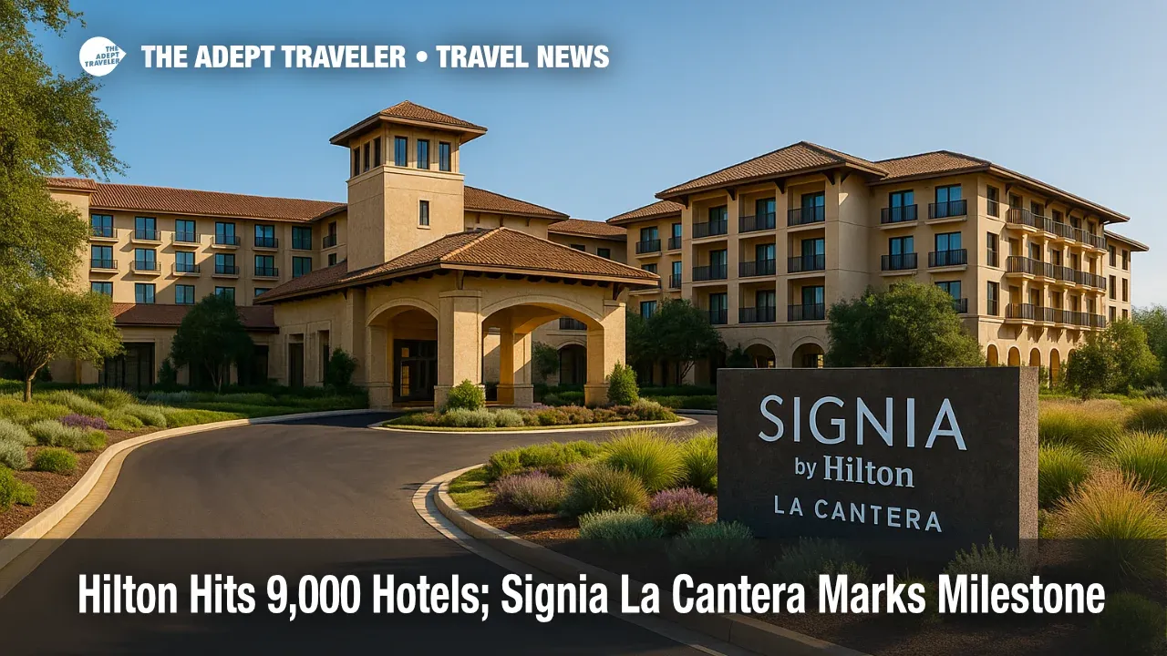 Entrance of Signia by Hilton La Cantera Resort and Spa in Texas Hill Country, illustrating Hilton 9,000 hotels milestone with resort and signage.