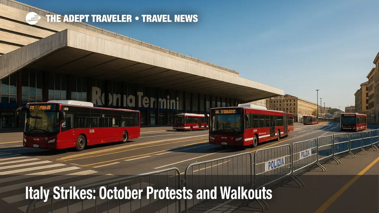 Police barriers and rerouted buses at Rome Termini during Italy transport strikes, signaling delays for travelers across Rome and nearby airports.
