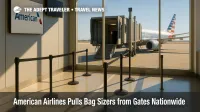American Airlines gate area without bag sizers, showing stanchions and a jet bridge for a carry-on baggage and boarding process update.