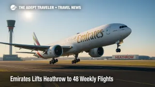 Emirates Boeing 777-300ER at London Heathrow, illustrating added winter capacity and Emirates London Heathrow flights expanding to 48 weekly.