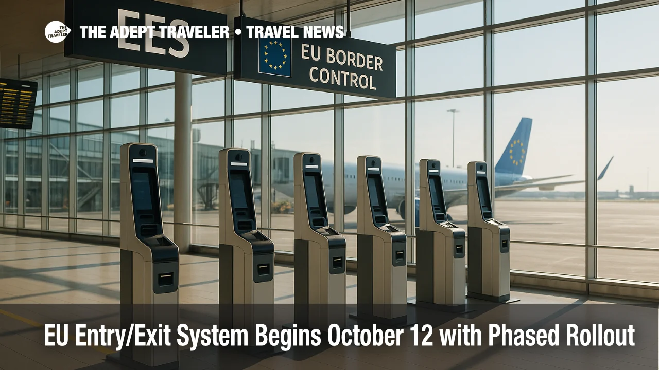 Travelers queue at EU border kiosks for the EU Entry/Exit System biometric border checks during phased rollout at a major Schengen hub.