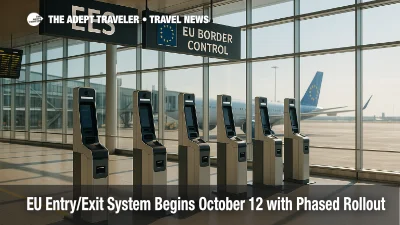 Travelers queue at EU border kiosks for the EU Entry/Exit System biometric border checks during phased rollout at a major Schengen hub.
