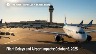 Wide view of a busy U.S. airport ramp and control tower illustrating flight delays and ground operations on an active travel day.