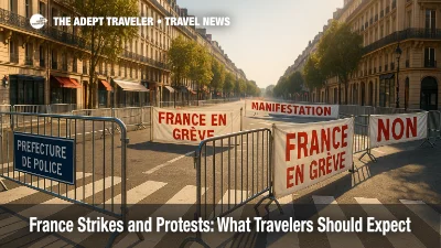 Police barriers and march banners on a central Paris street during France strikes and protests, suggesting possible travel delays and detours.
