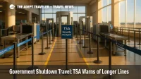 TSA checkpoint lanes with scanners and stanchions, illustrating possible delays during a government shutdown travel period.