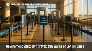 TSA checkpoint lanes with scanners and stanchions, illustrating possible delays during a government shutdown travel period.