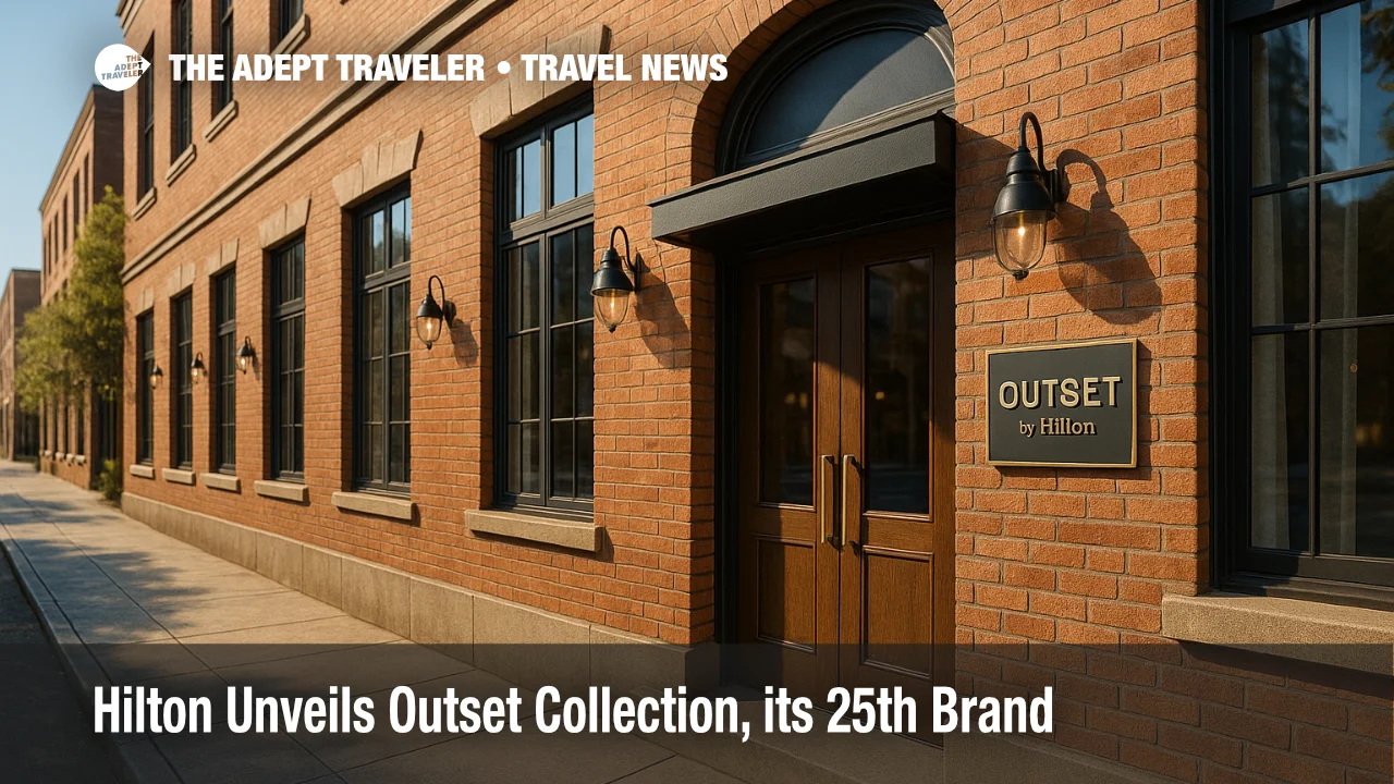 Street-level view of a boutique hotel entrance showcasing Outset Collection by Hilton, a lifestyle brand offering boutique, loyalty-enabled stays. ([Stories From Hilton][1])