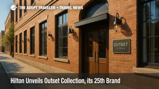 Street-level view of a boutique hotel entrance showcasing Outset Collection by Hilton, a lifestyle brand offering boutique, loyalty-enabled stays. ([Stories From Hilton][1])