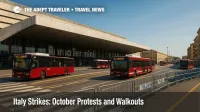 Police barriers and rerouted buses at Rome Termini during Italy transport strikes, signaling delays for travelers across Rome and nearby airports.