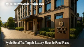 A luxury Kyoto hotel entrance on a sunny morning, illustrating the new accommodation tax policy that targets premium stays while funding city upgrades.