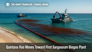 Offshore crews collect sargassum near Cancún as part of a pilot to convert seaweed into biogas for the Mexican Caribbean.