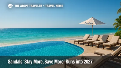 A sunlit Caribbean beachfront infinity pool at an all-inclusive resort, illustrating the Sandals Stay More, Save More promotion with lounge chairs and clear blue water.