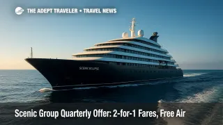 Scenic Eclipse glides through open water under blue skies, illustrating the Scenic Group quarterly offer with 2-for-1 fares and free airfare options.