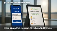 United MileagePlus and Instacart apps shown side by side at a check-in counter, highlighting free grocery delivery for loyalty members.