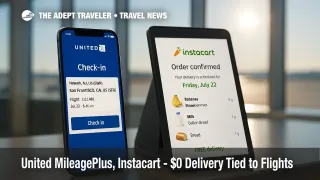 United MileagePlus and Instacart apps shown side by side at a check-in counter, highlighting free grocery delivery for loyalty members.
