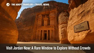Wide shot of Petra's Treasury with a nearly empty plaza, highlighting a rare chance to visit Jordan without the crowds.