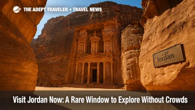 Wide shot of Petra's Treasury with a nearly empty plaza, highlighting a rare chance to visit Jordan without the crowds.