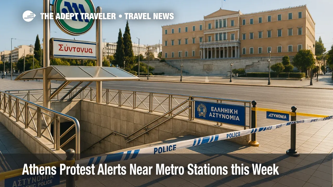 Police cordons at a Syntagma Square metro entrance in Athens during an Athens protest, with signs of brief, localized closures near central stations.