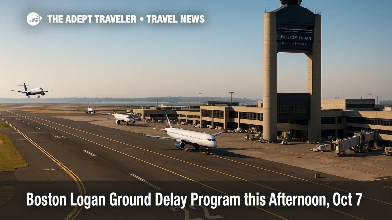 Runway work drives a Boston Logan ground delay program as jets queue on the taxiway under clear skies, with EDCT-paced departures and arrivals.
