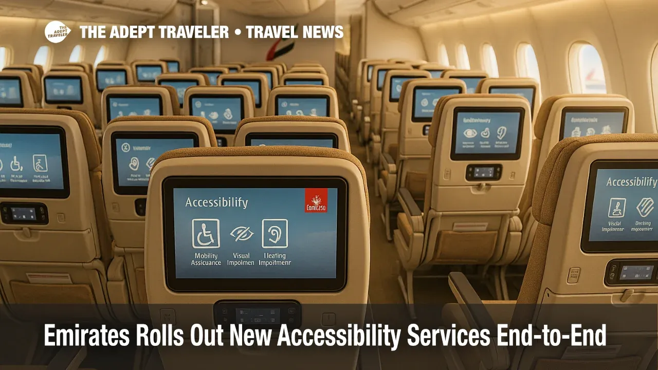Emirates A350-900 cabin showing ice accessibility menu and seating, illustrating new Emirates accessibility services for inclusive travel.