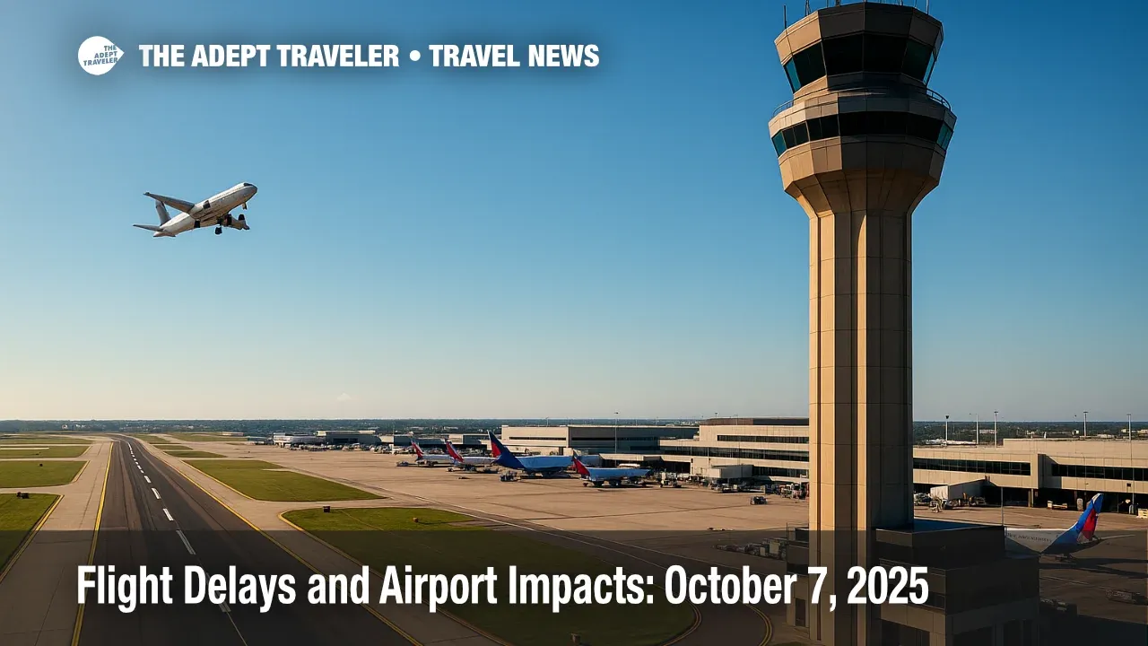 Wide view of a U.S. airport tower and departure runway under clear skies, illustrating flight delays and ground delay program impacts for the travel day.