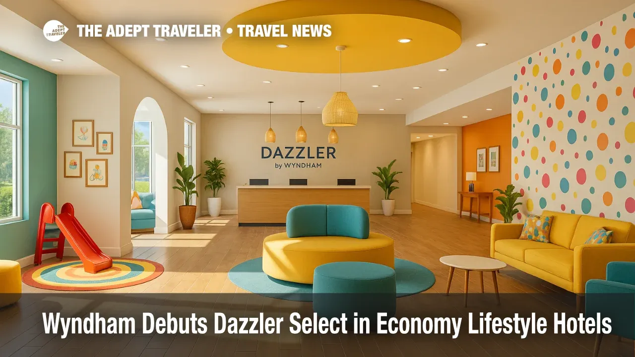 Lobby scene of a boutique-style economy lifestyle hotel aligned with Dazzler Select by Wyndham, highlighting playful design and family-friendly touches.