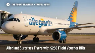 Allegiant jet at the gate under clear skies as crews prepare boarding, illustrating a Customer Appreciation Week $250 flight voucher giveaway.