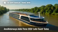 AmaWaterways ship cruising Colombia's Magdalena River on a Spanish-language Latin Touch itinerary, framed by lush banks and bright tropical skies.