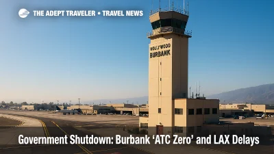 The Hollywood Burbank tower and ramp under clear skies, illustrating an ATC Zero tower staffing gap and its network ripple effects.