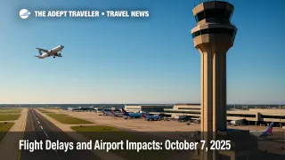 Wide view of a U.S. airport tower and departure runway under clear skies, illustrating flight delays and ground delay program impacts for the travel day.